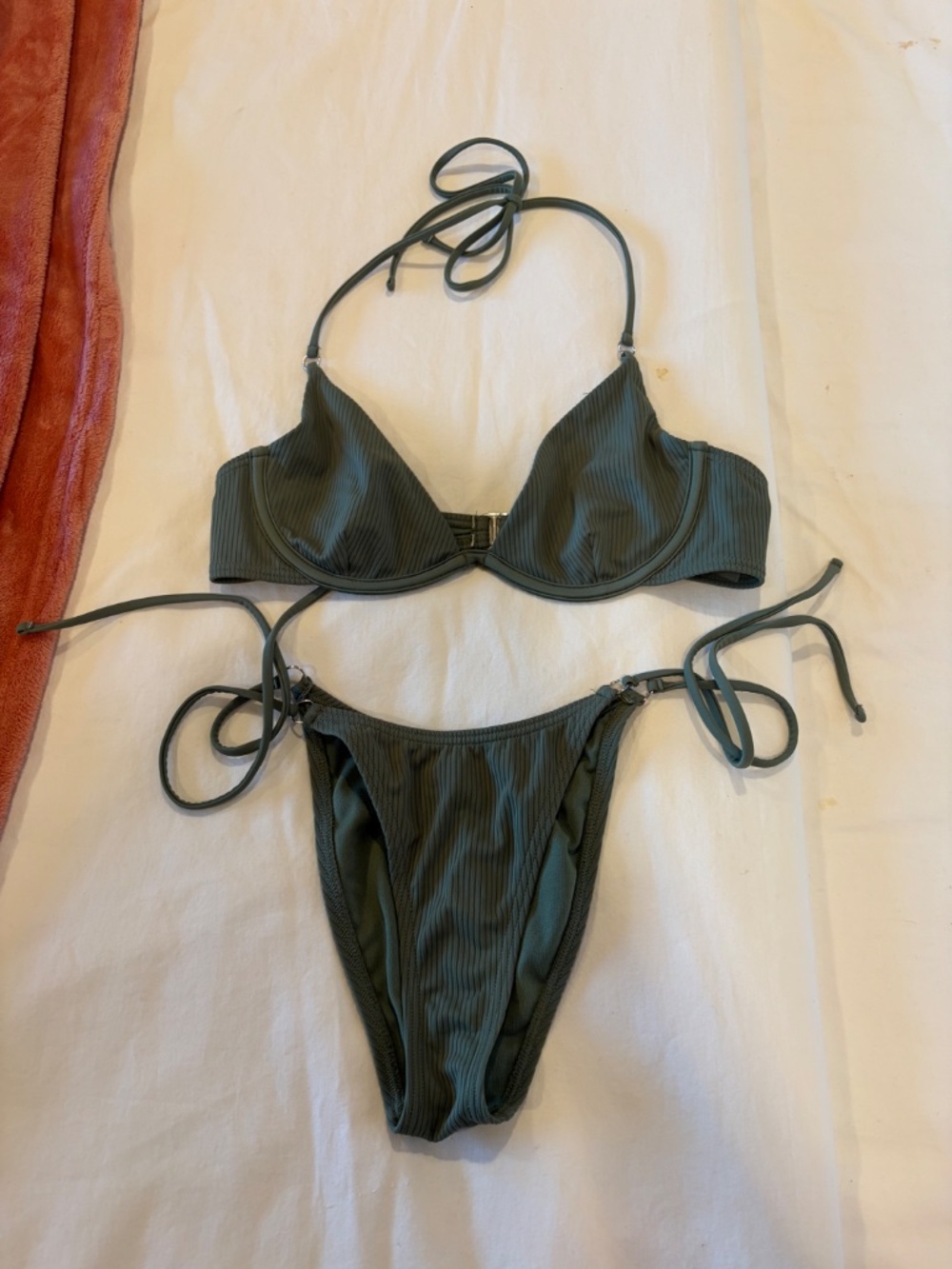 DAMSEL SWIM Olive green ribbed underwire bikini top and matching tie side bottom